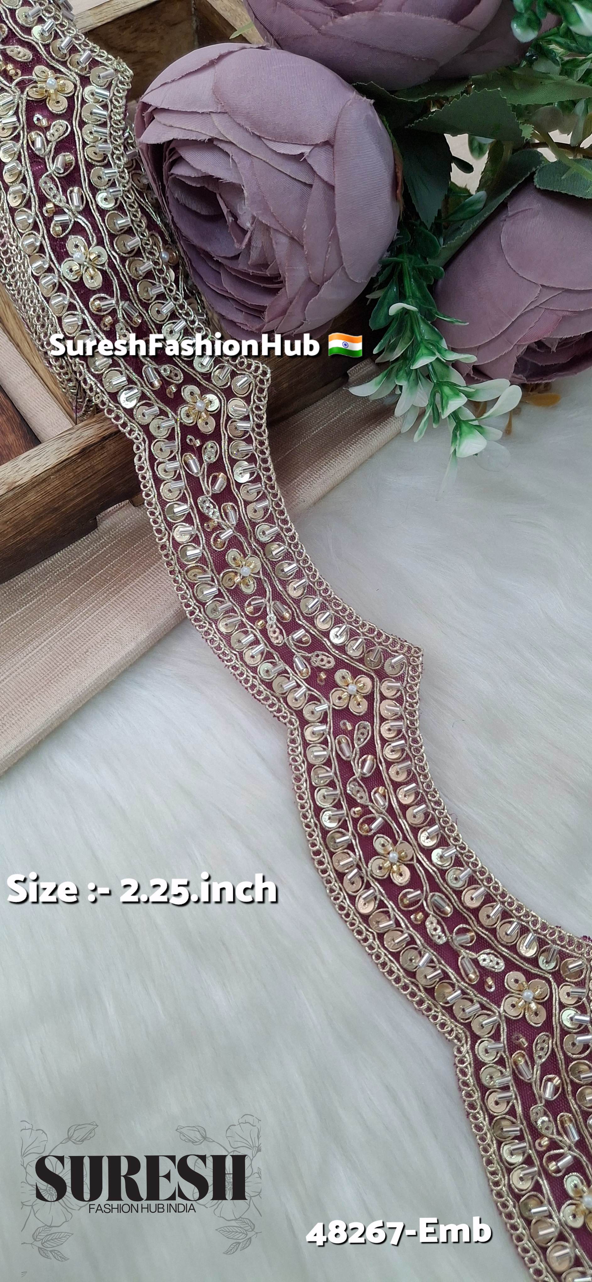 Magenta Scallop Pearl Embroidery Lace