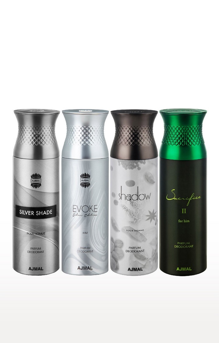 Ajmal | Ajmal Silver Shade& EvokeSilver Edition Homme & Shadow Homme & SacrificeIIHim Deodorant Spray- For Men (200 ml, Pack of 4) 0