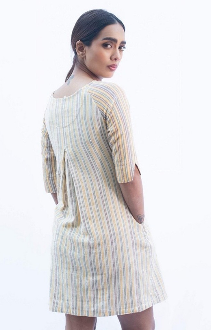 Women's Yellow Cotton Striped Shift Dress