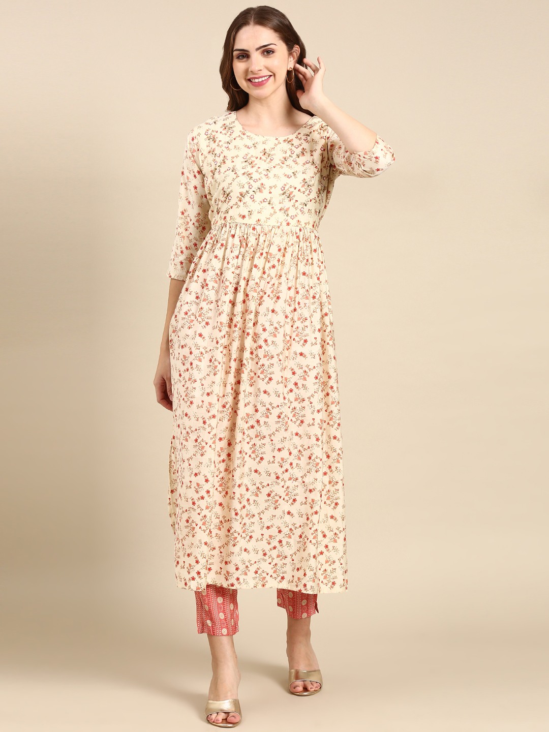 SHOWOFF Women's Round Neck Mid Length Ethnic Motifs Cream Anarkali Kurta Set