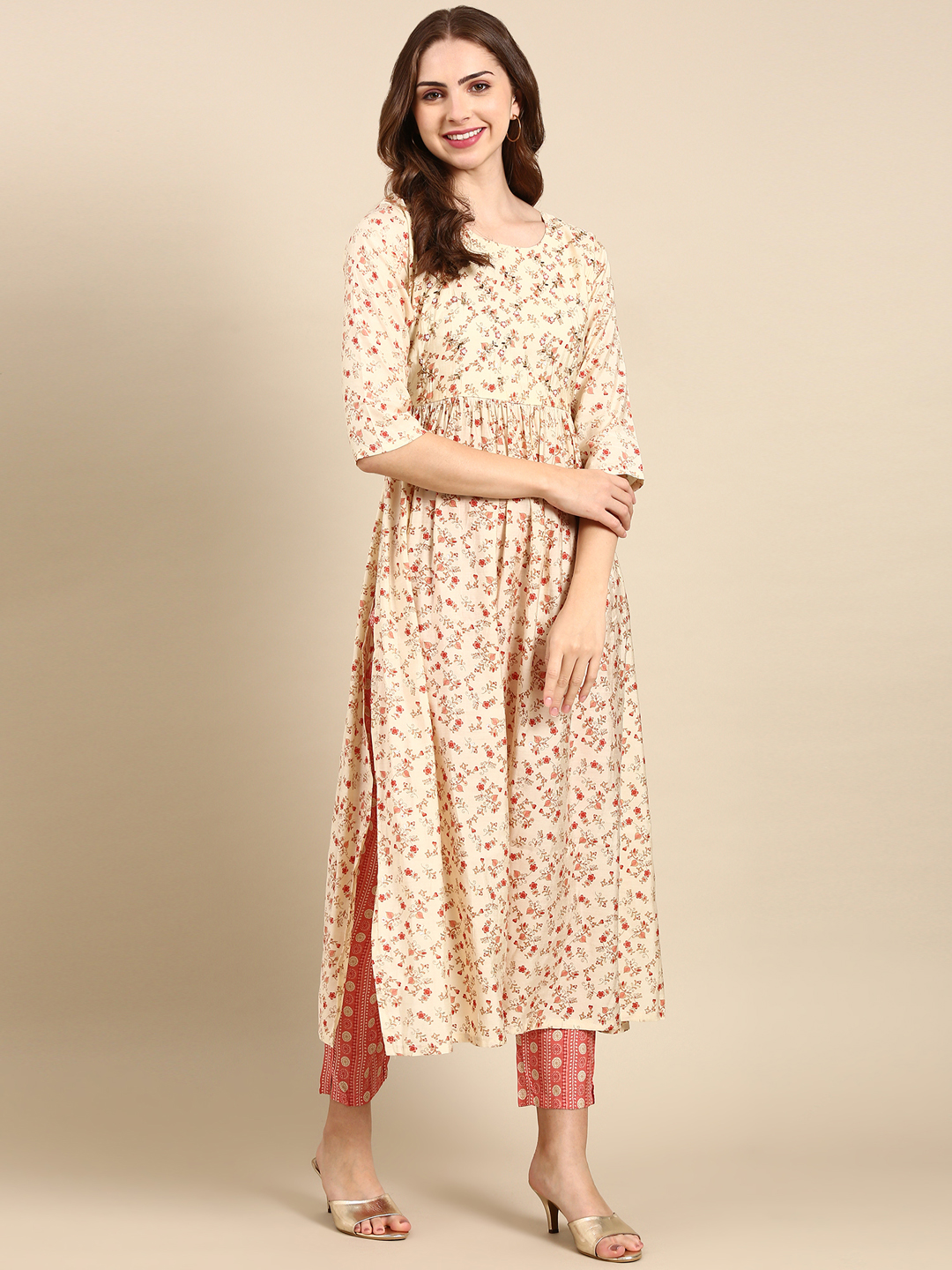 SHOWOFF Women's Round Neck Mid Length Ethnic Motifs Cream Anarkali Kurta Set