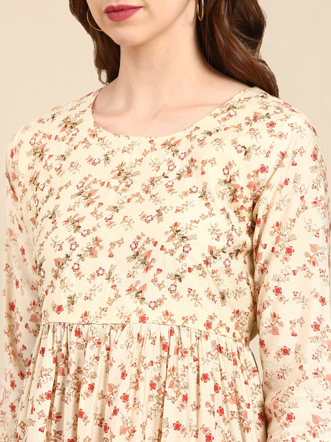 SHOWOFF Women's Round Neck Mid Length Ethnic Motifs Cream Anarkali Kurta Set