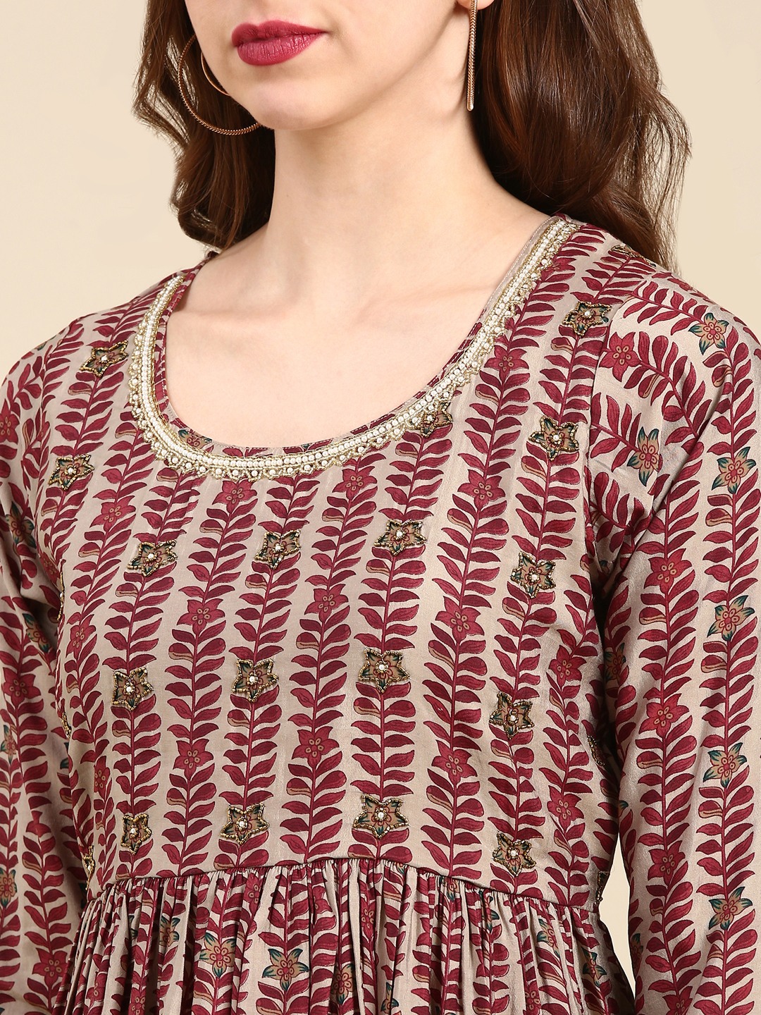 SHOWOFF Women's Round Neck Floor Length Ethnic Motifs Maroon Anarkali Kurta Set