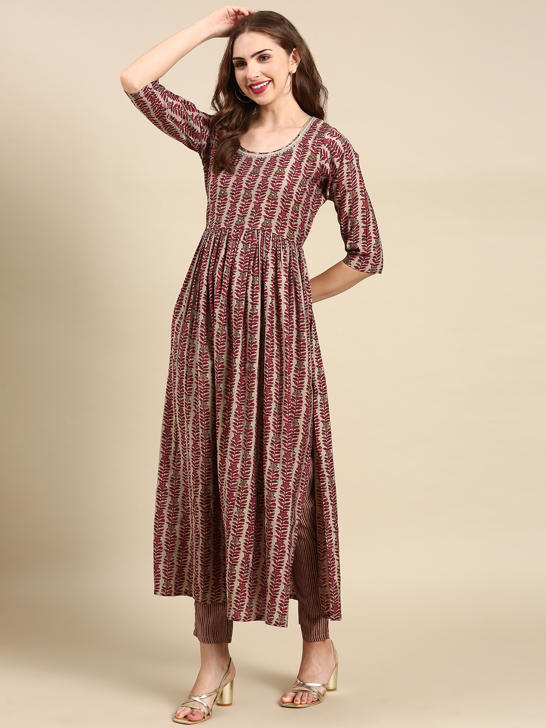 SHOWOFF Women's Round Neck Floor Length Ethnic Motifs Maroon Anarkali Kurta Set