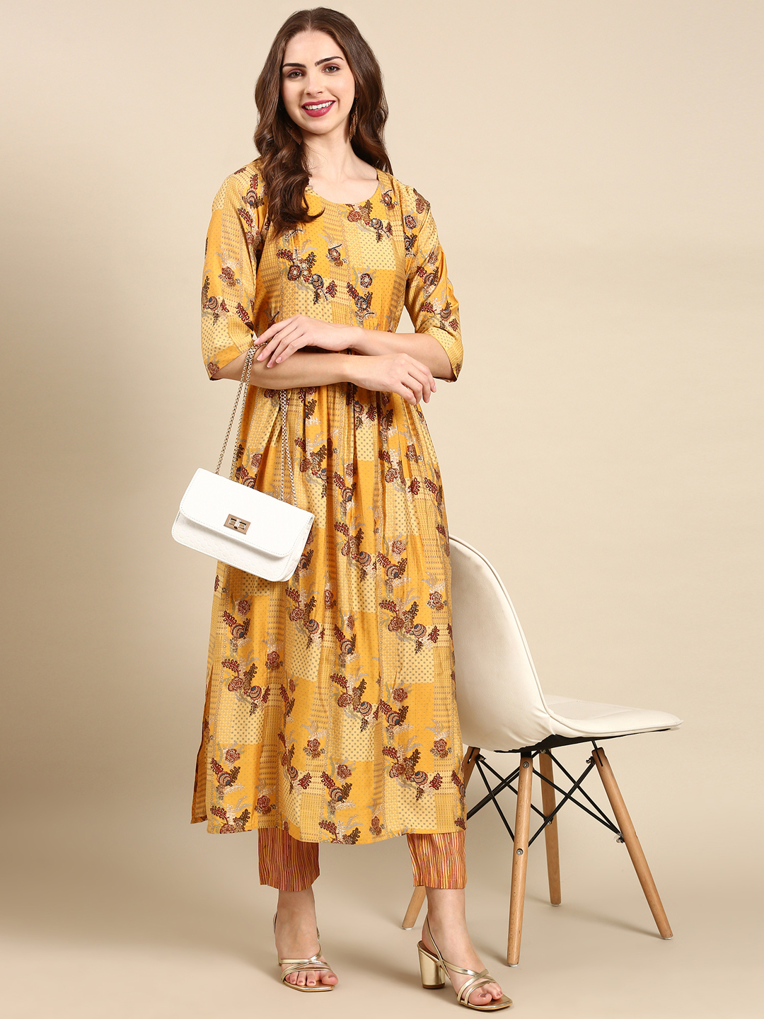 SHOWOFF Women's Round Neck Floor Length Ethnic Motifs Mustard Anarkali Kurta Set