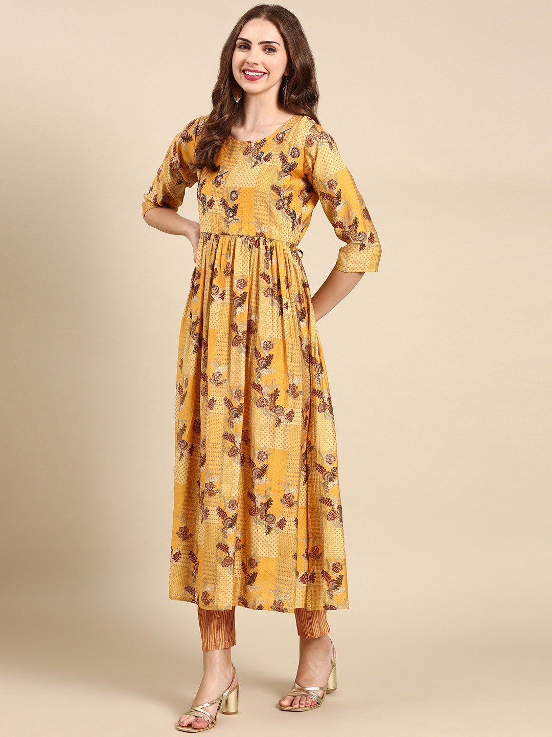 SHOWOFF Women's Round Neck Floor Length Ethnic Motifs Mustard Anarkali Kurta Set