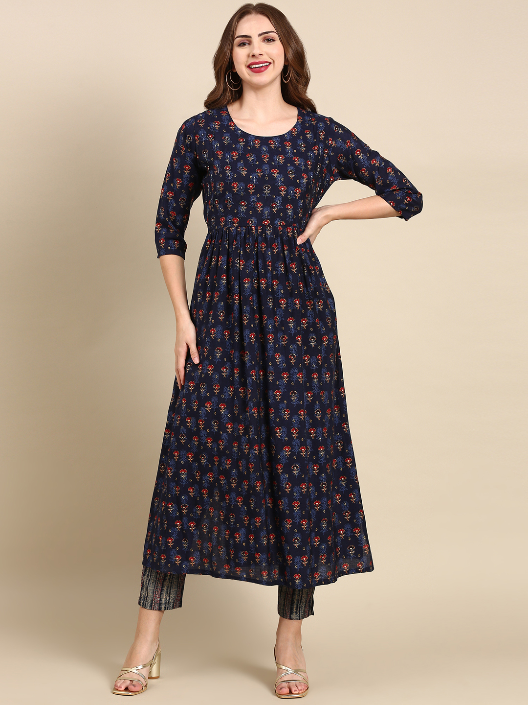 SHOWOFF Women's Round Neck Mid Length Ethnic Motifs Navy Blue Anarkali Kurta Set