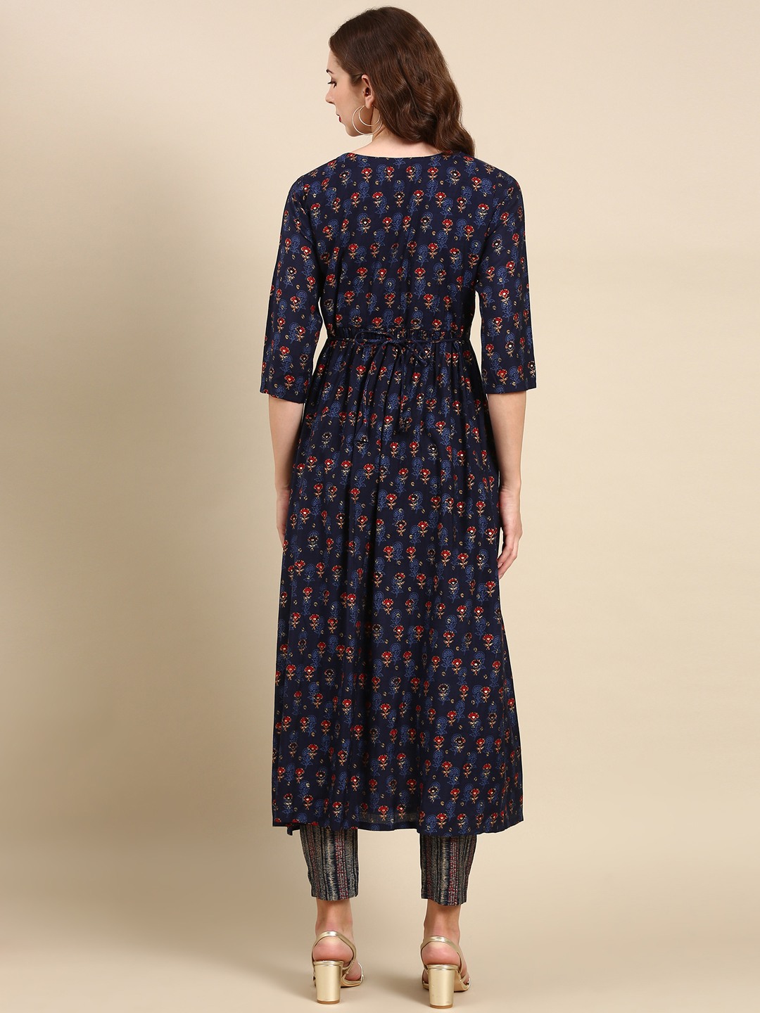 SHOWOFF Women's Round Neck Mid Length Ethnic Motifs Navy Blue Anarkali Kurta Set