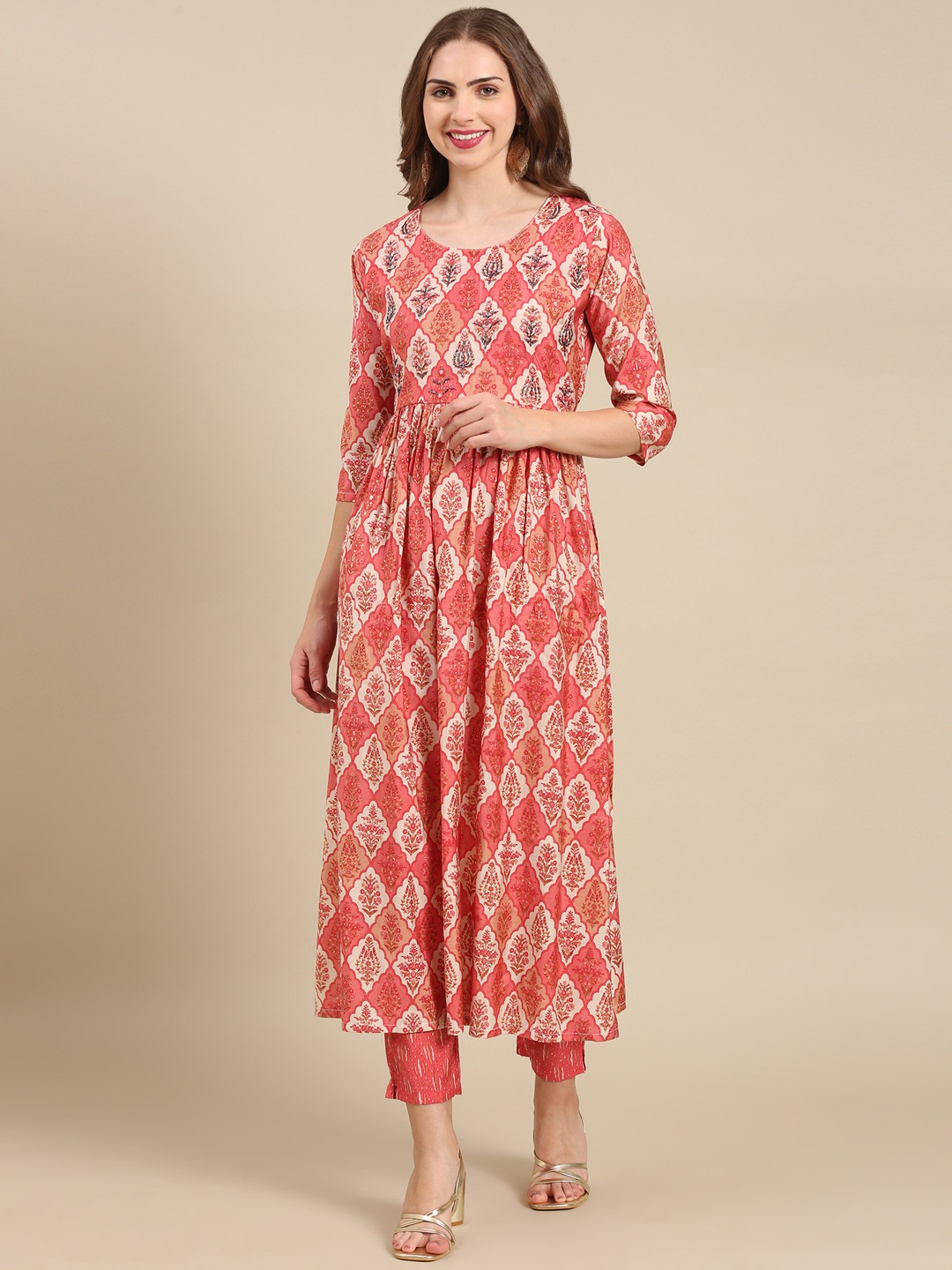 SHOWOFF Women's V-Neck Mid Length Ethnic Motifs Coral Anarkali Kurta Set