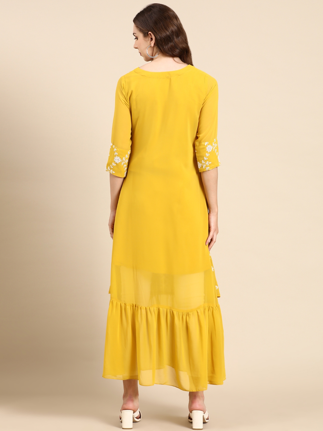 Showoff | SHOWOFF Women's Round Neck Embellished Yellow Anarkali Kurta 5