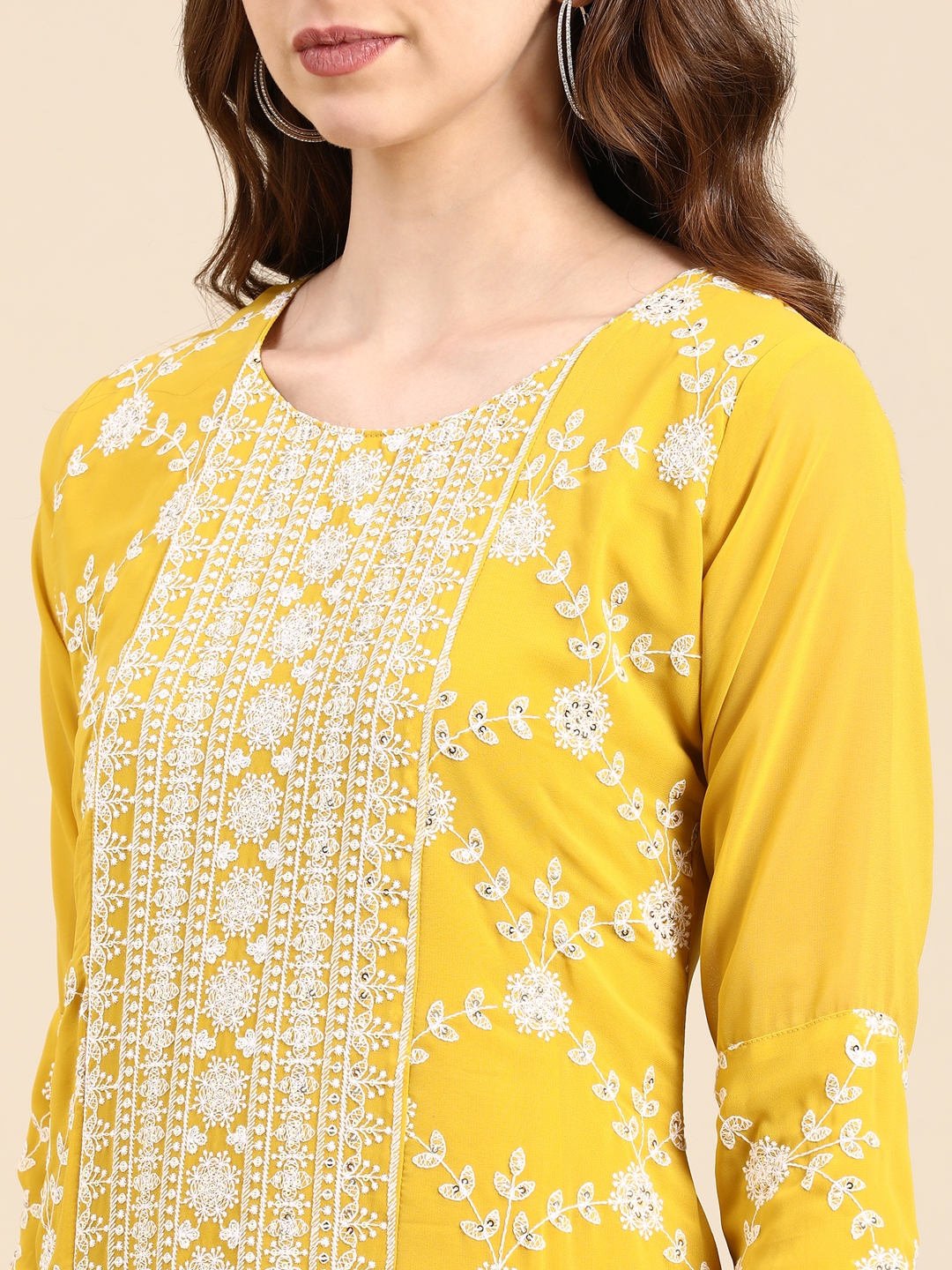 Showoff | SHOWOFF Women's Round Neck Embellished Yellow Anarkali Kurta 7