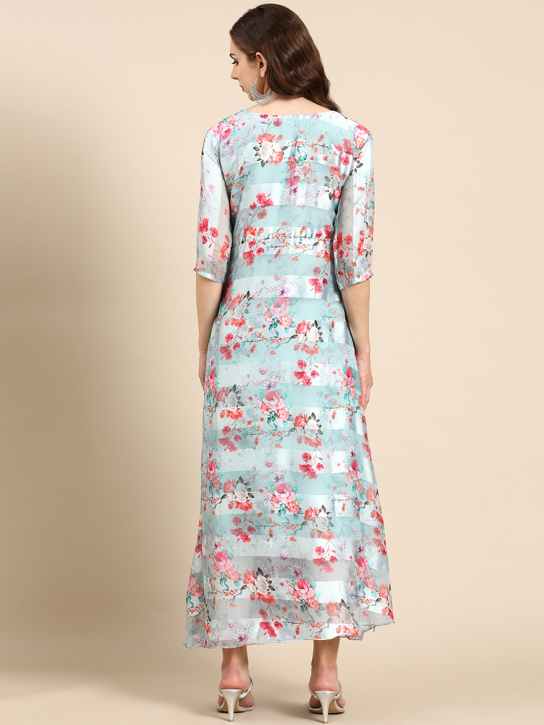 SHOWOFF Women's Printed Sea Green Round Neck Maxi Dress