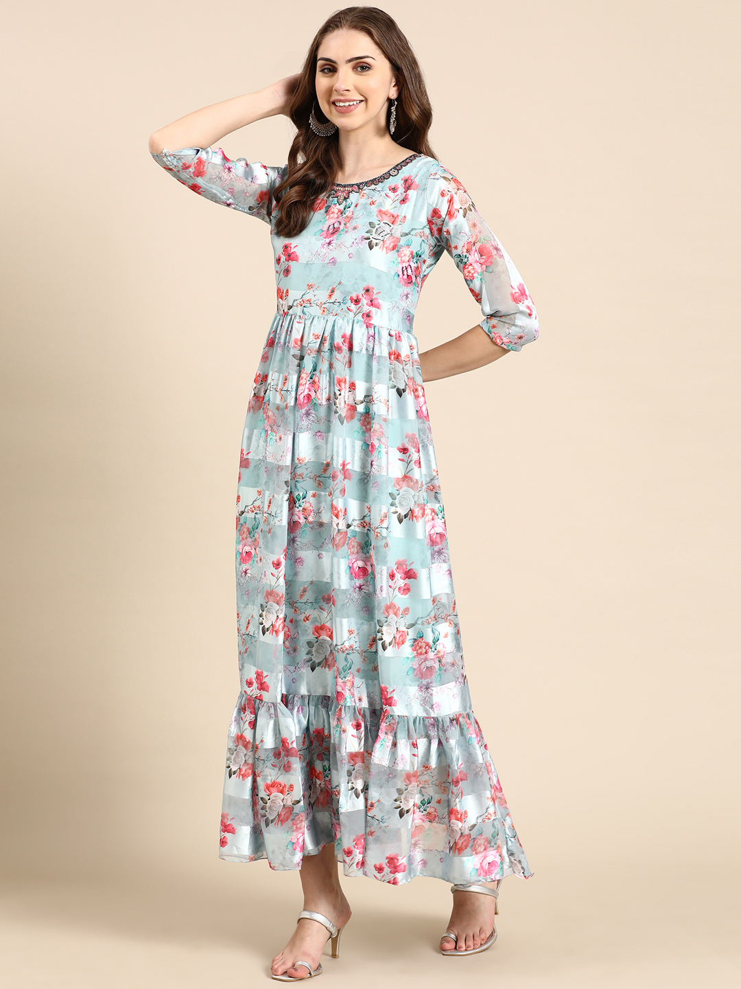 SHOWOFF Women's Printed Sea Green Round Neck Maxi Dress