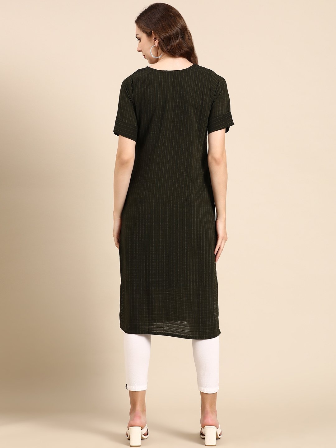 Showoff | SHOWOFF Women's Scoop Neck Woven Design Olive Straight Kurta 5