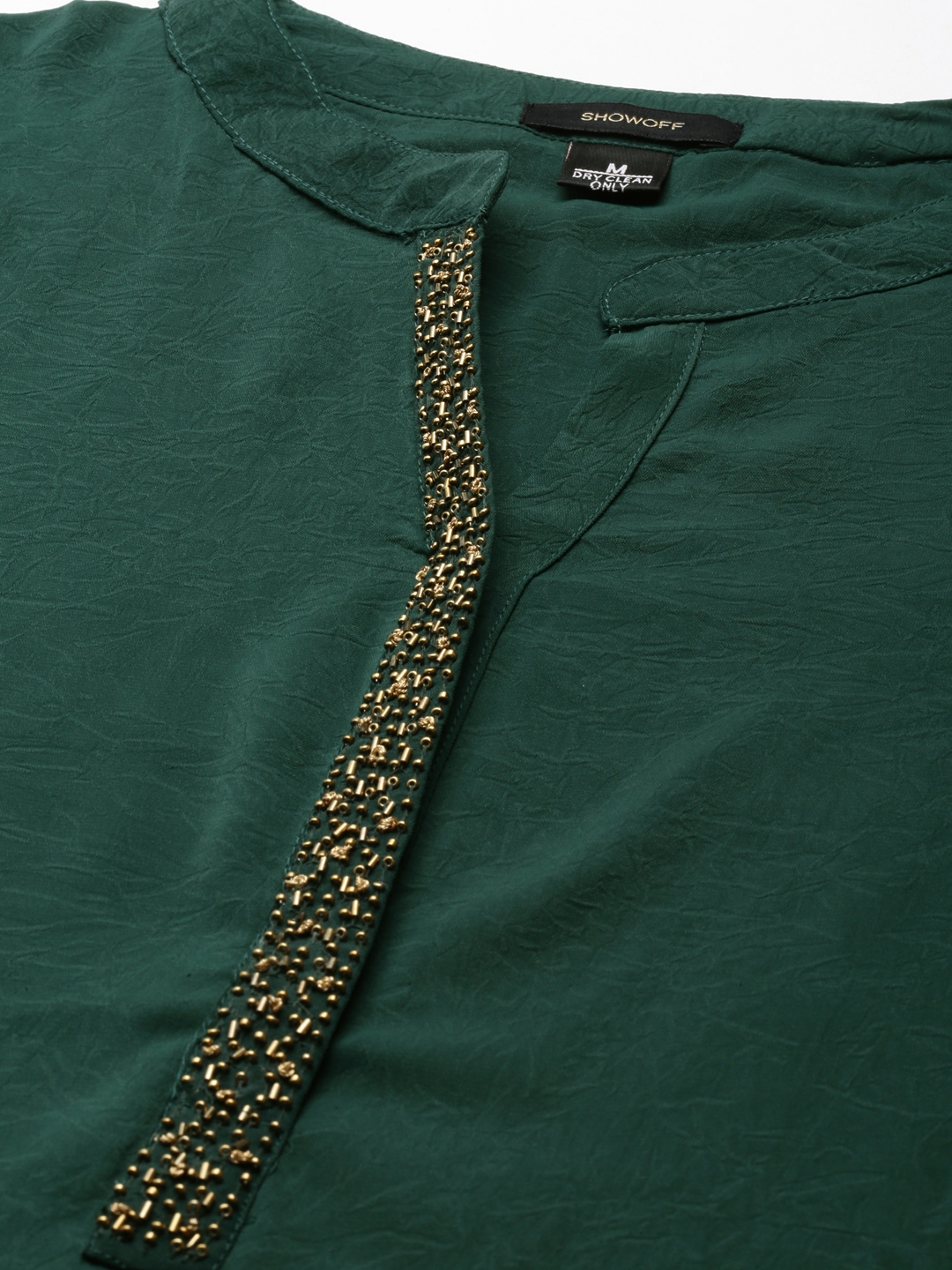 Showoff | SHOWOFF Women's Mandarin Collar Solid Green Straight Kurta 2
