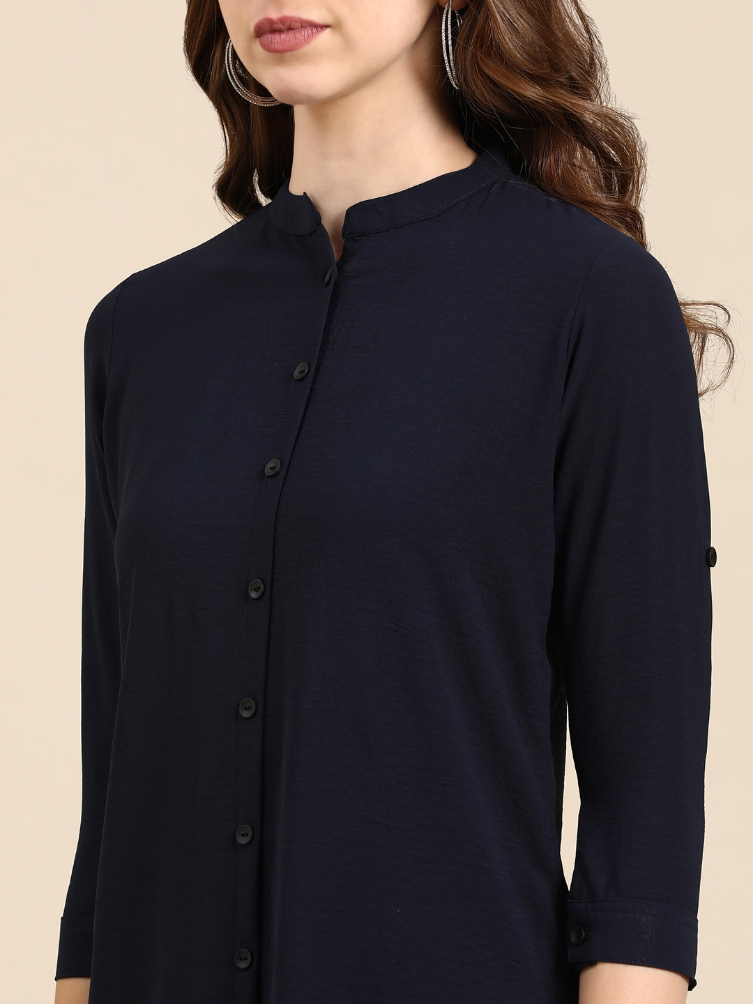 Showoff | SHOWOFF Women's Mandarin Collar Solid Navy Blue Straight Kurta 7