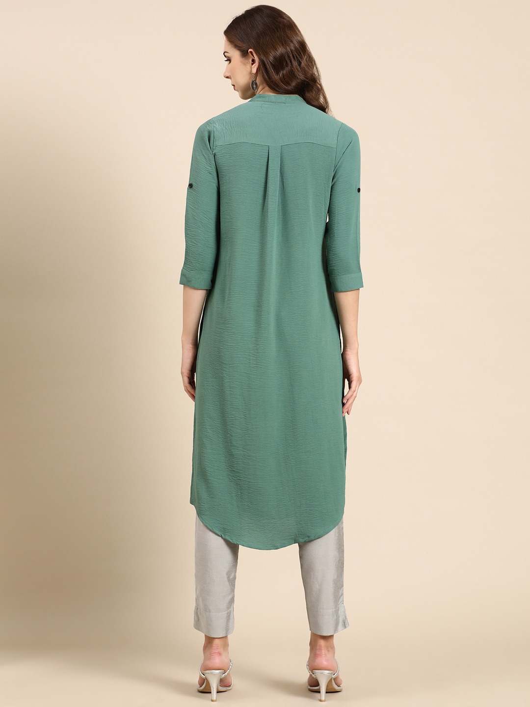 SHOWOFF Women's Mandarin Collar Solid Sea Green Straight Kurta