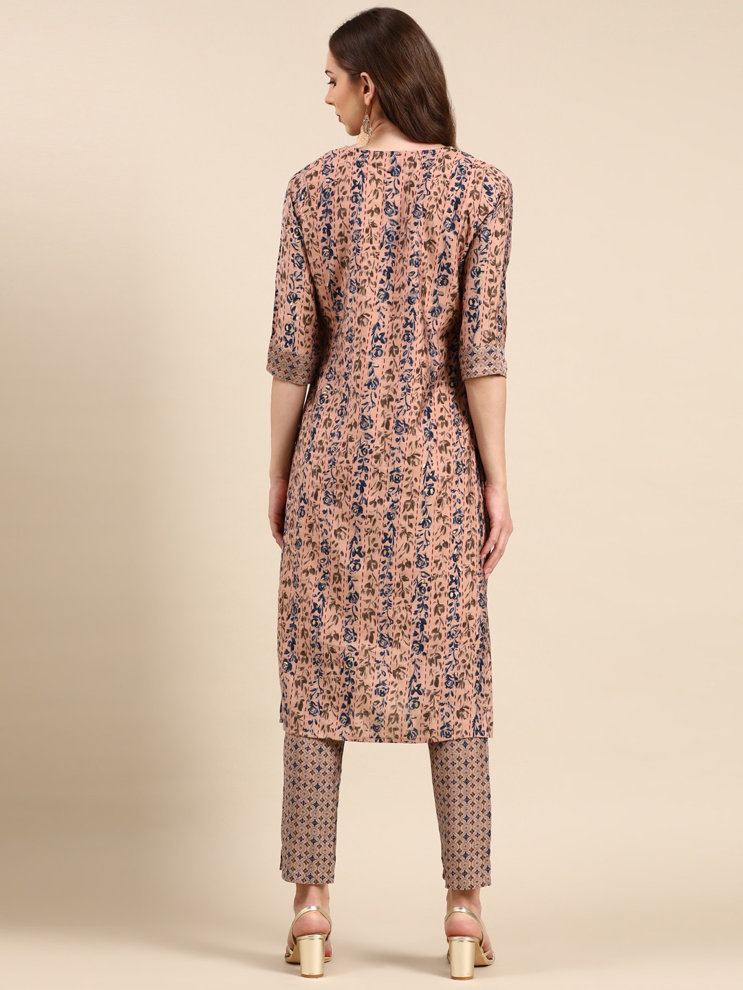 SHOWOFF Women's Scoop Neck Printed Peach Kurta set