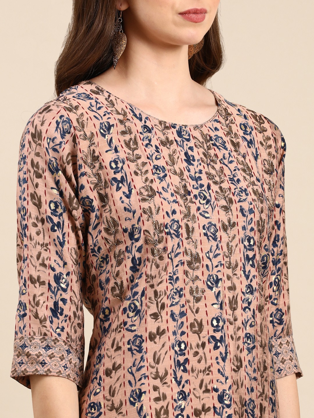 SHOWOFF Women's Scoop Neck Printed Peach Kurta set