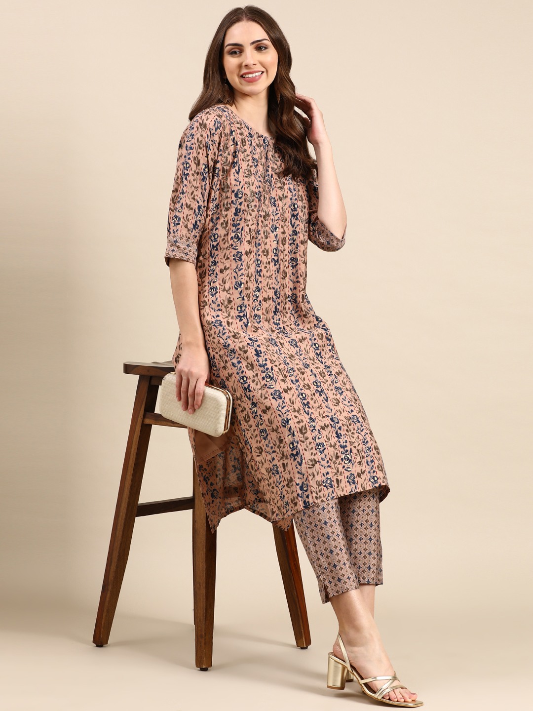 SHOWOFF Women's Scoop Neck Printed Peach Kurta set