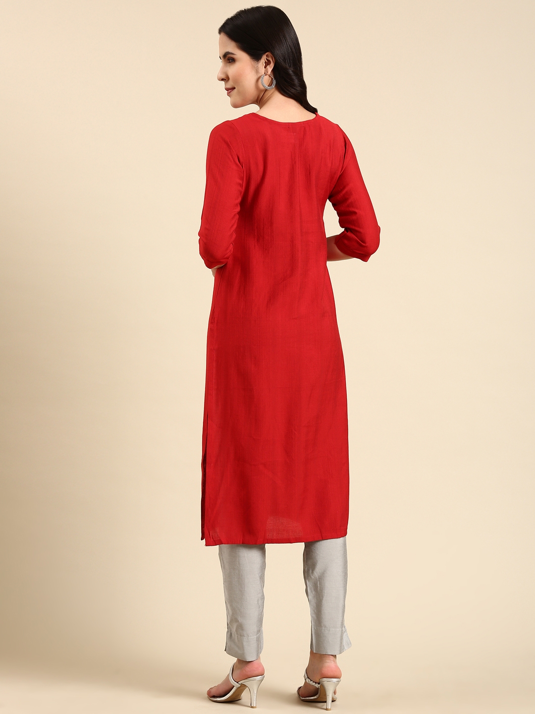 Showoff | SHOWOFF Women's Mid Length Embellished Straight Red Kurta 4