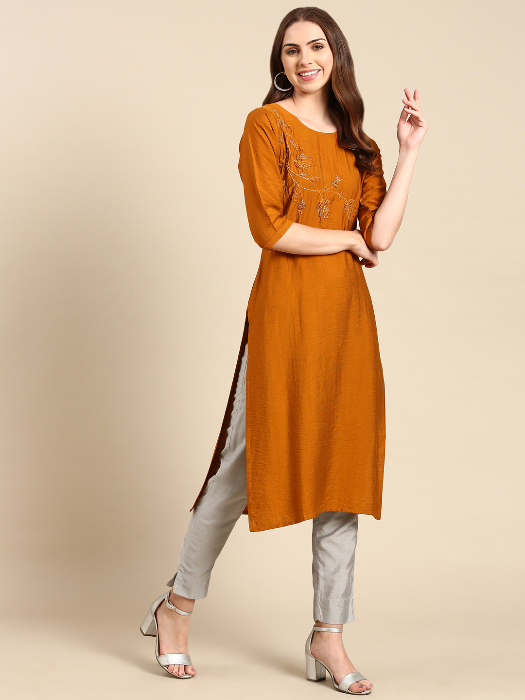 SHOWOFF Women's Scoop Neck Embellished Mustard Straight Kurta