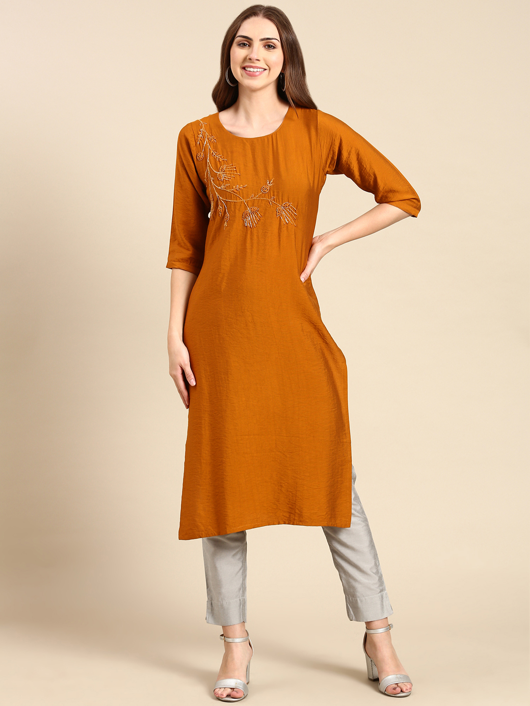 SHOWOFF Women's Scoop Neck Embellished Mustard Straight Kurta