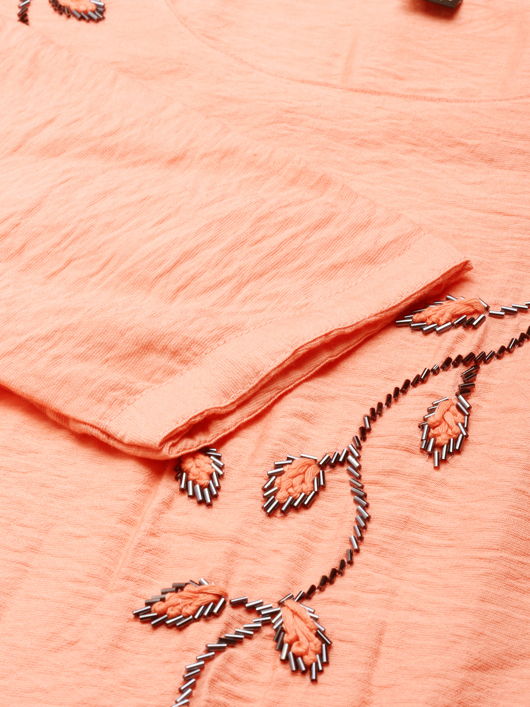 SHOWOFF Women's Scoop Neck Embellished Peach Straight Kurta