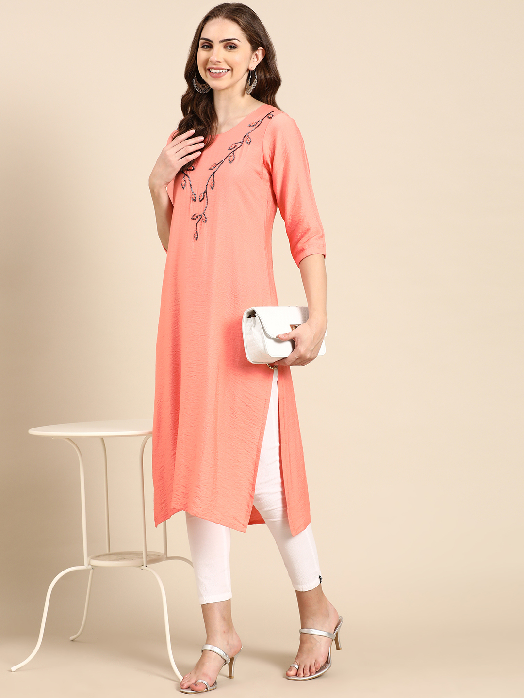 SHOWOFF Women's Scoop Neck Embellished Peach Straight Kurta