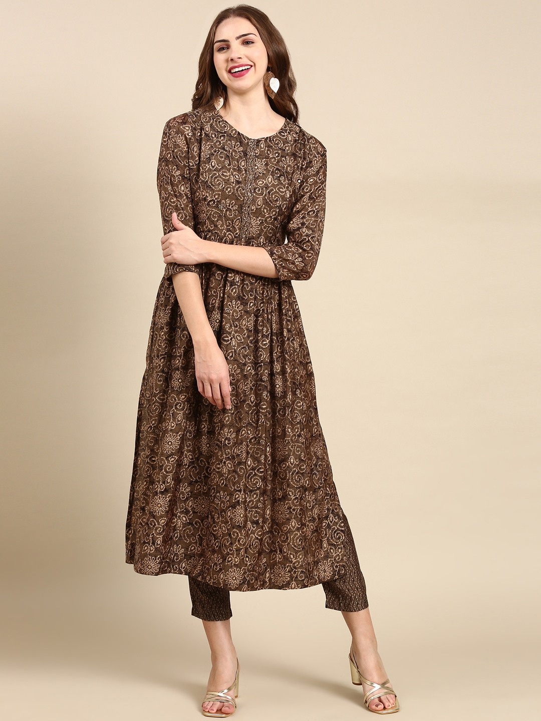 SHOWOFF Women's Round Neck Mid Length Floral Taupe Anarkali Kurta Set