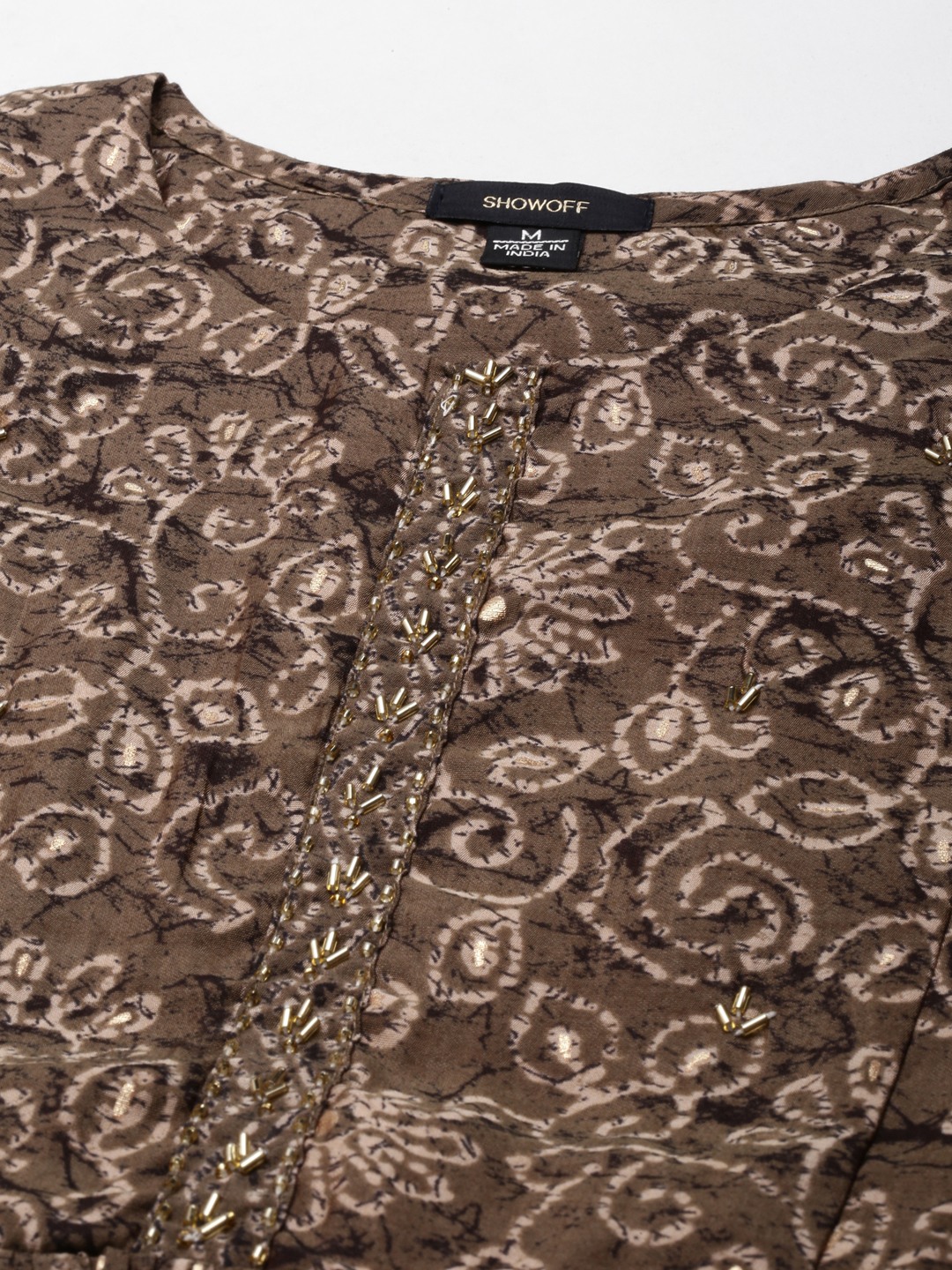 SHOWOFF Women's Round Neck Mid Length Floral Taupe Anarkali Kurta Set