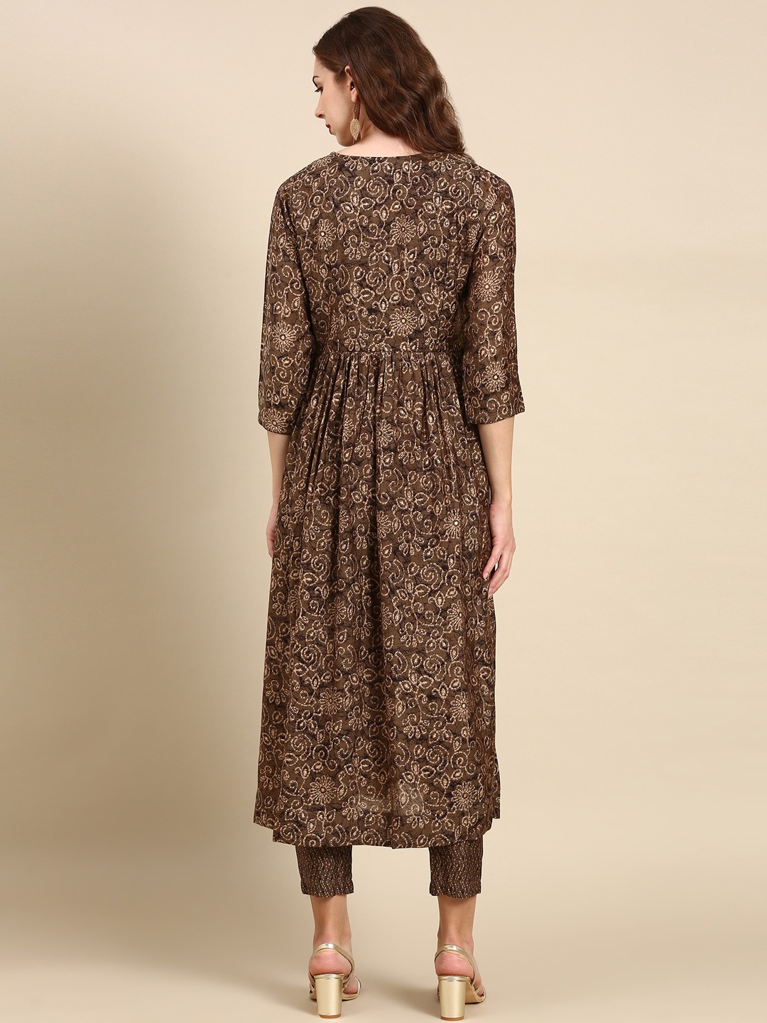 SHOWOFF Women's Round Neck Mid Length Floral Taupe Anarkali Kurta Set