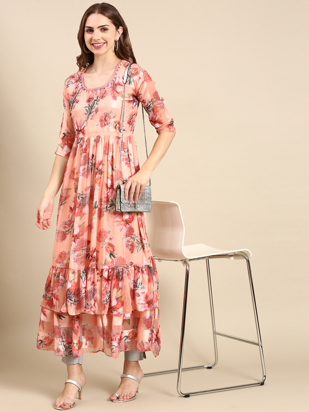 SHOWOFF Women's Round Neck Floral Peach Anarkali Kurta