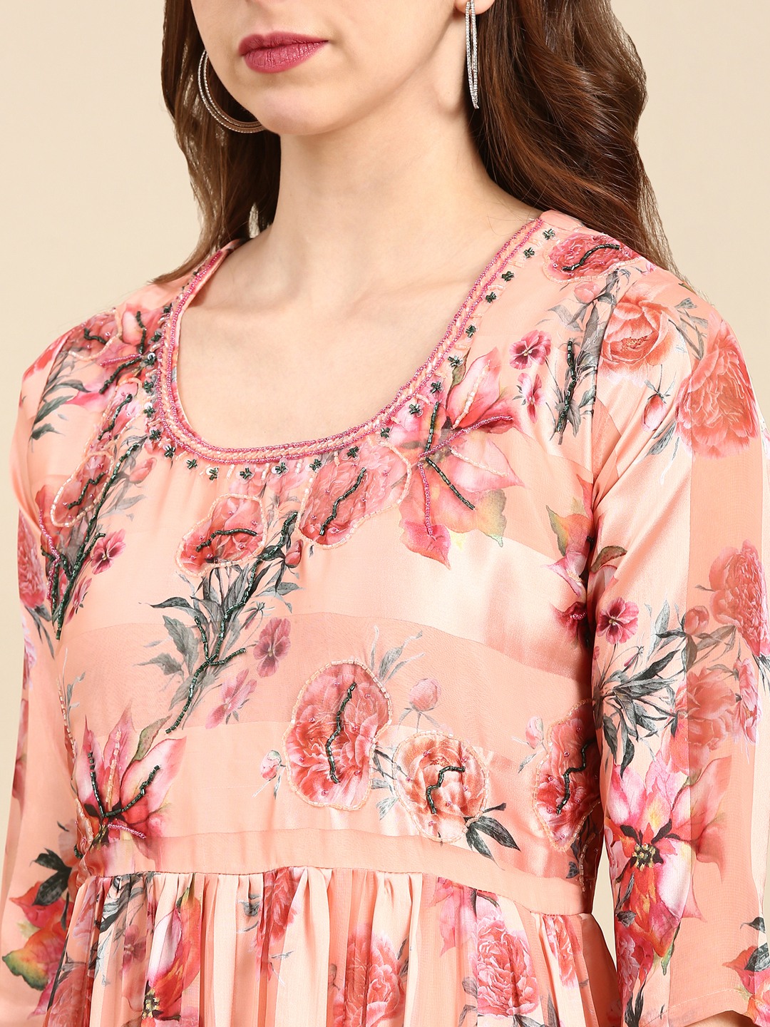 SHOWOFF Women's Round Neck Floral Peach Anarkali Kurta