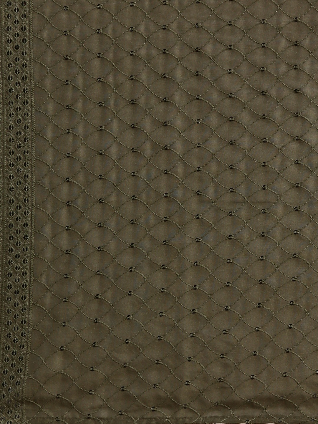 SHOWOFF Women's Round Neck Mid Length Woven Design Olive Straight Kurta Set