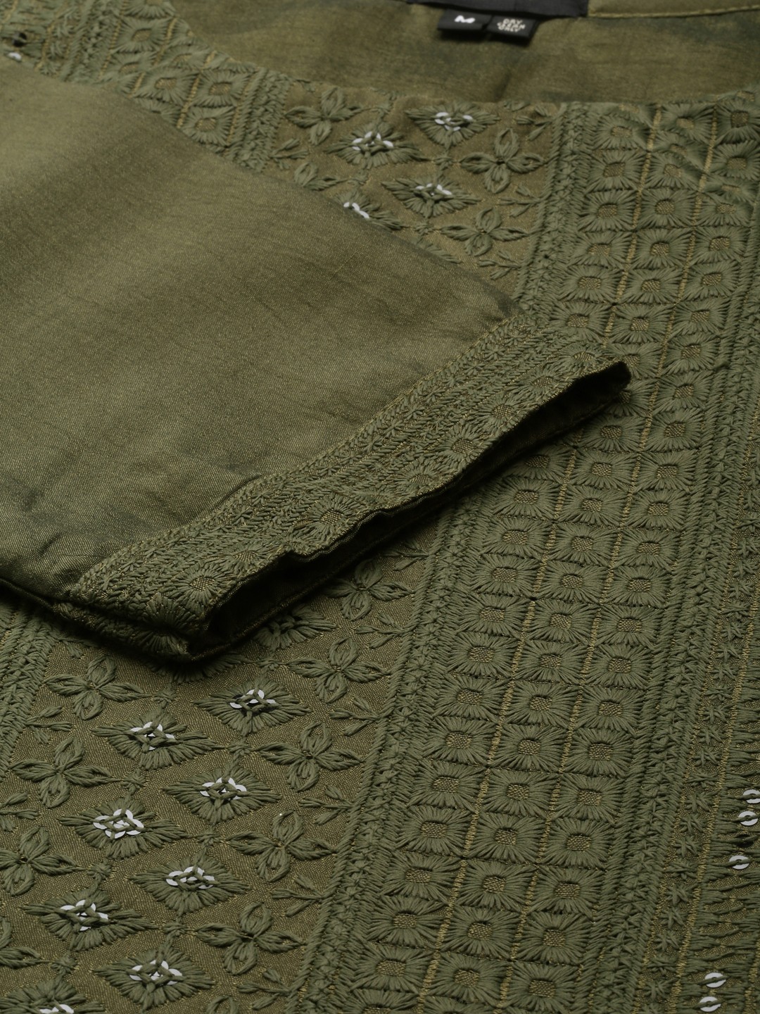 SHOWOFF Women's Round Neck Mid Length Woven Design Olive Straight Kurta Set