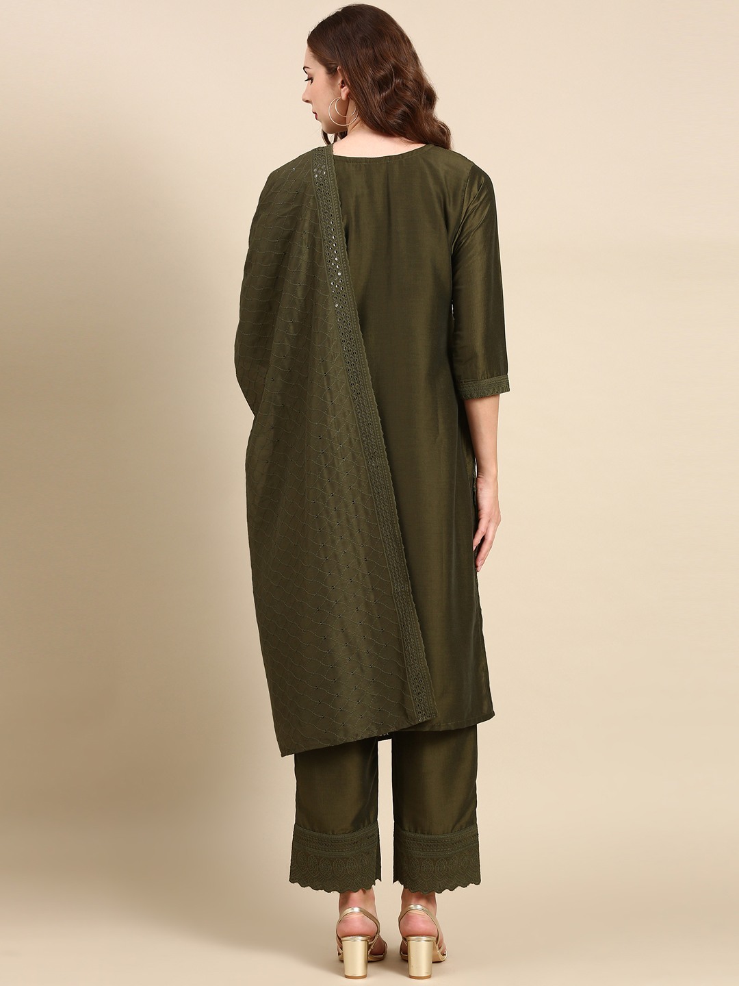 SHOWOFF Women's Round Neck Mid Length Woven Design Olive Straight Kurta Set
