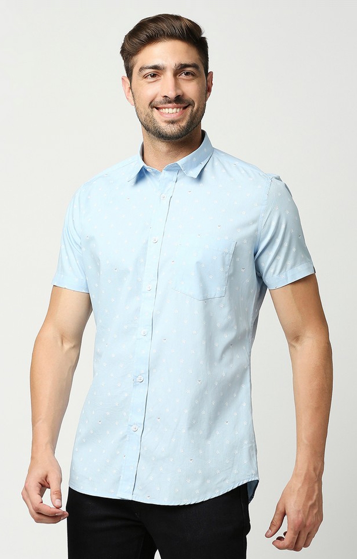 EVOQ | EVOQ's Sky Blue Micro Floral Printed Half Sleeves Cotton Casual Shirt for Men 3