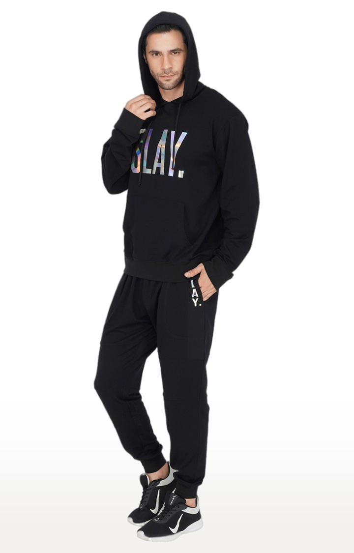 Men's Black Cotton Typographic Tracksuits