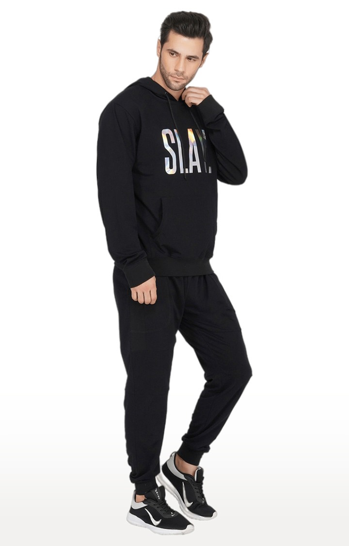 Men's Black Cotton Typographic Tracksuits