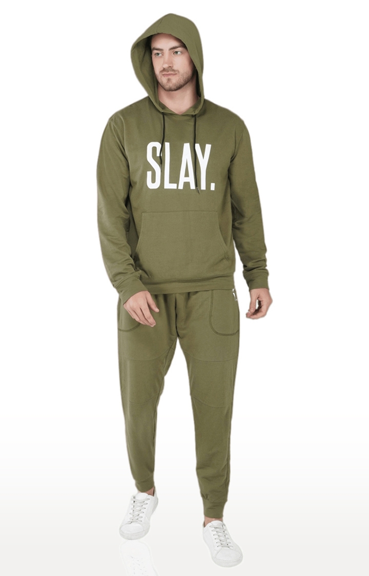 SLAY | Men's Green Cotton Typographic Tracksuits