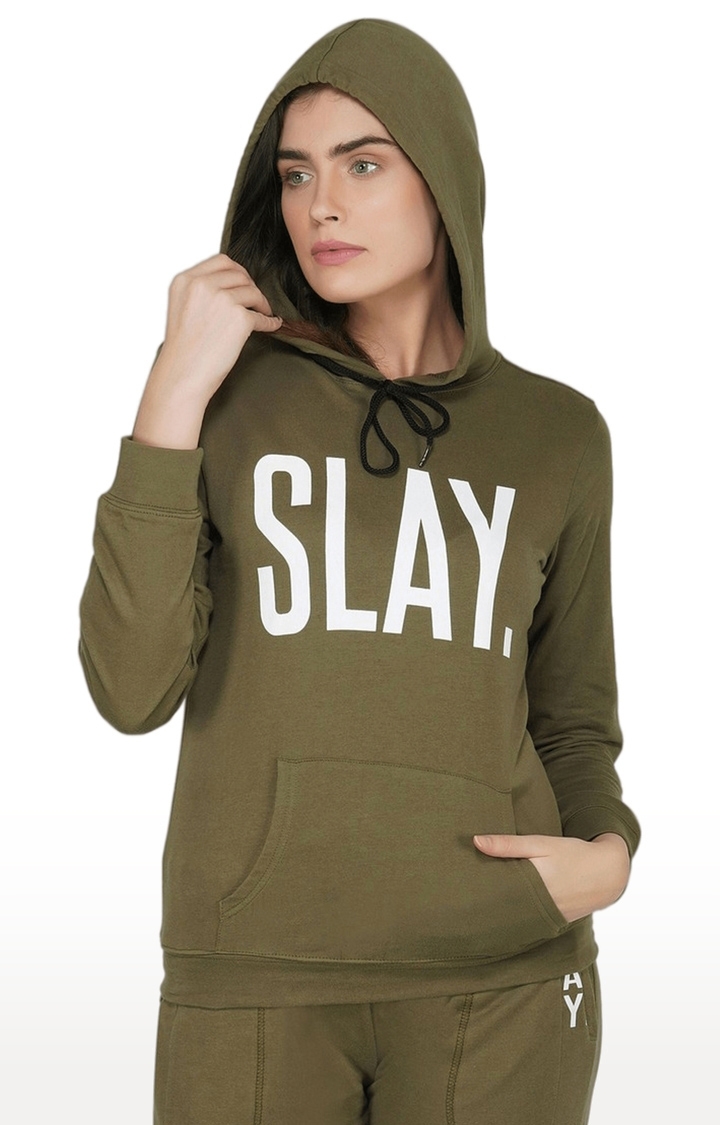 SLAY | Women's Green Typographic Cotton Hoodies