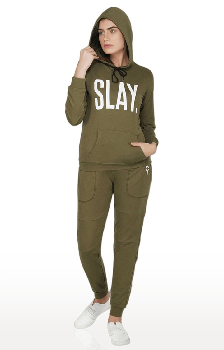 Women's Green Cotton Typographic Tracksuits