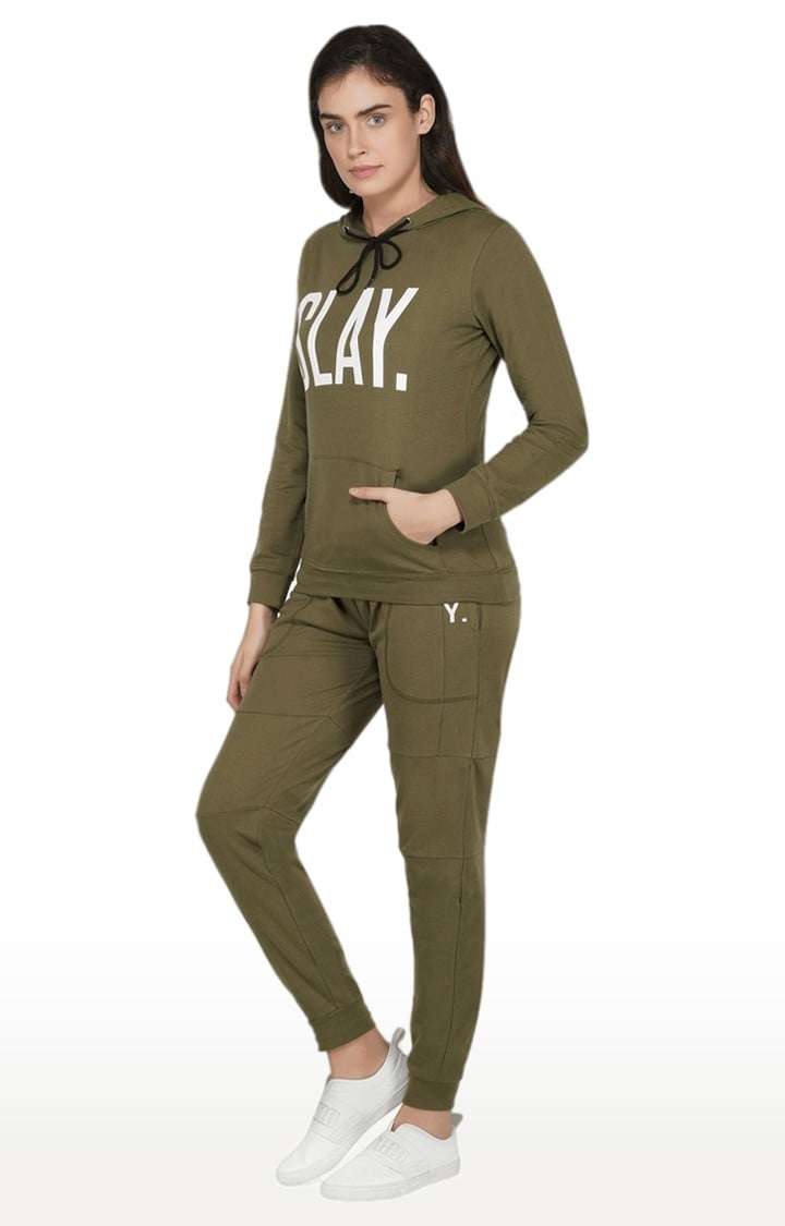 Women's Green Cotton Typographic Tracksuits