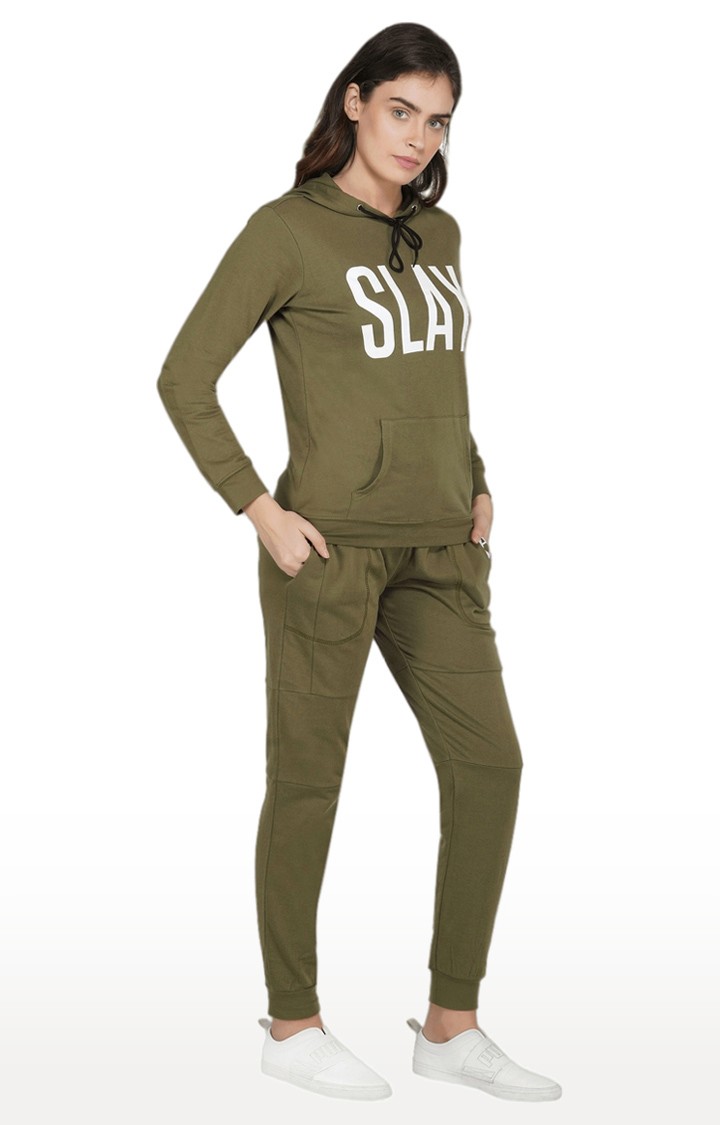 Women's Green Cotton Typographic Tracksuits