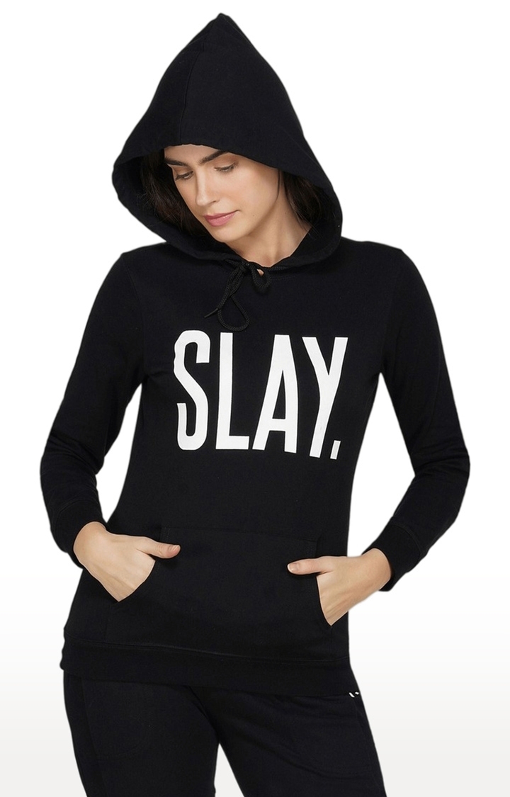 SLAY | Women's Black Typographic Cotton Hoodies