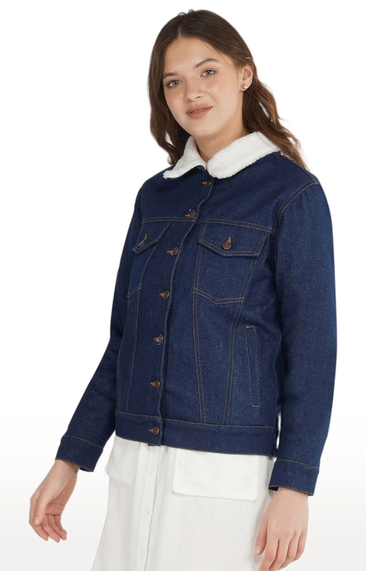 Women's Blue Solid Cotton Denim Jackets