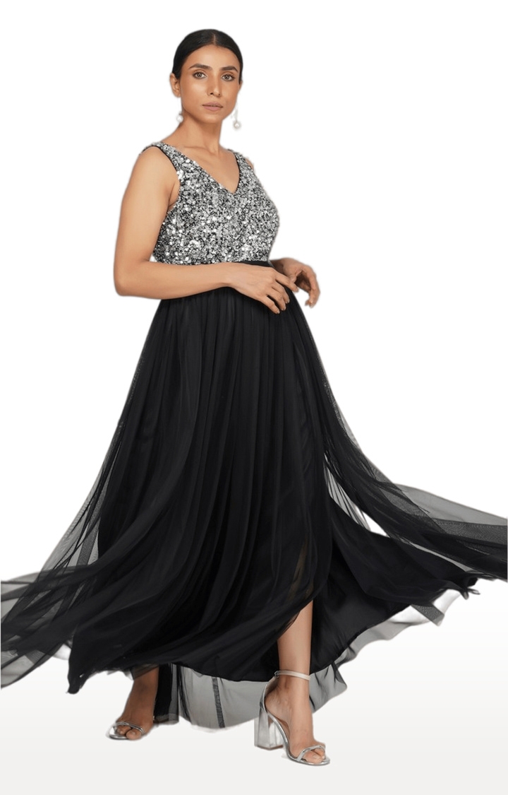 Buy Black Shell Crepe Embroidery Crystals High Neck Placement Gown For Women  by Eli Bitton Online at Aza Fashions.