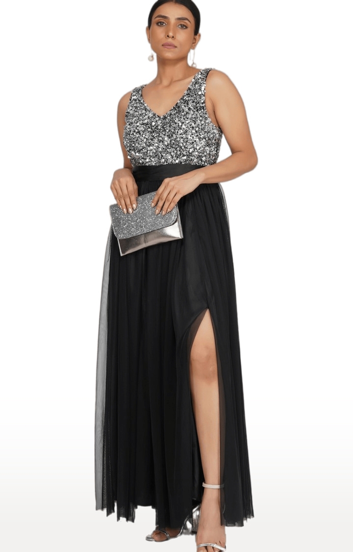 SLAY | Women's Black Embellished Georgette Gowns