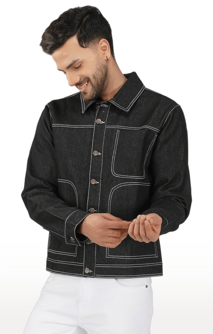 Men's Black Solid Denim Denim Jackets